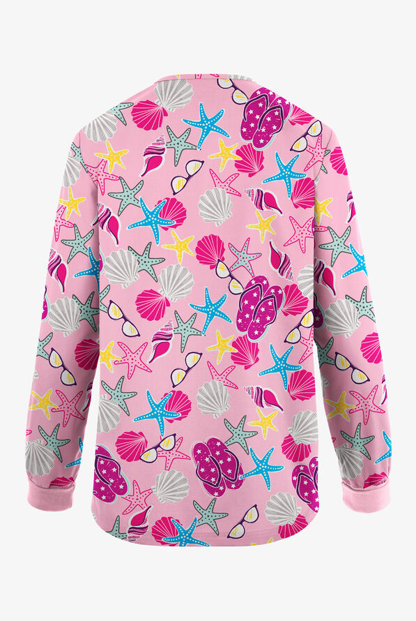 Butter-Soft Originals Walk On The Beach Blush Women's 3-Pocket Snap Front Print Scrub Jacket - null - 2