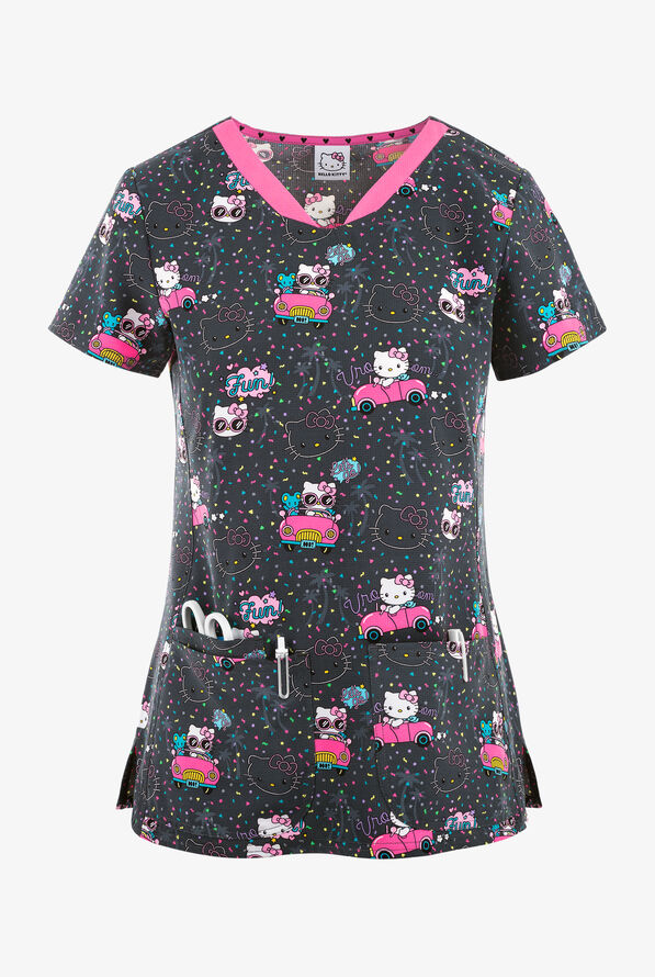 heartsoul Kawaii Vacation Hello Kitty Women's 3-Pocket STRETCH V-Neck Print Scrub Top - null - 1