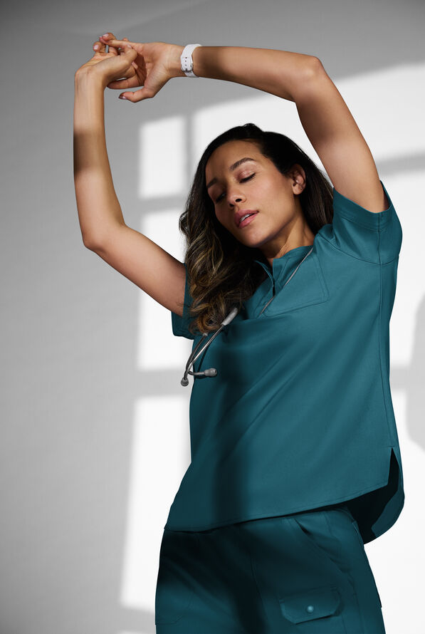 Easy STRETCH Bella Women's 1-Pocket Henley Scrub Top - Caribbean Blue - 6