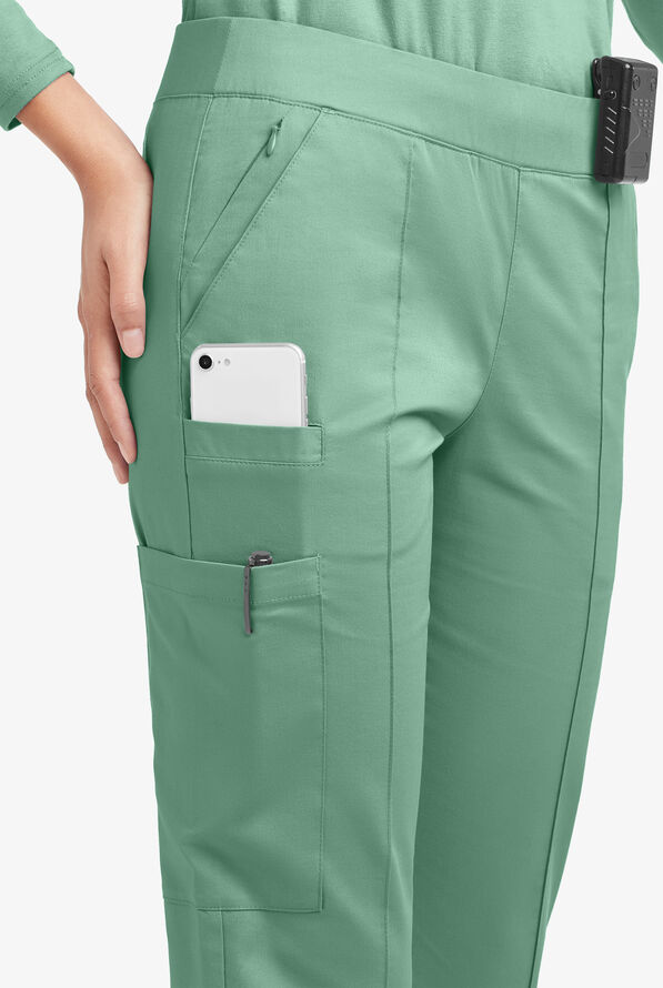 Butter-Soft STRETCH Women's 6-Pocket Pin-Tuck Crop Slim with Sport Trim Detail Scrub Pants - Water Mint/Silver Melange - 2