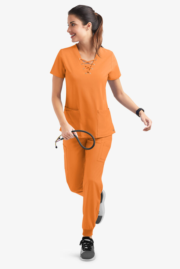 Easy STRETCH Gisele Women's 4-Pocket Lace Up V-Neck Scrub Top - Apricot Crush - 6