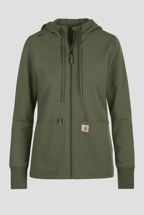 Carhartt Force Rugged Flex Women's 4-Pocket Zip Waffle Hoodie Scrub Jacket - Olive - 1