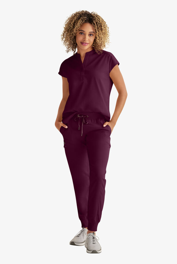 Healing Hands Purple Label Journey Women's 2-Pocket STRETCH Dolman Sleeve Mandarin Collar Scrub Top - Wine - 2