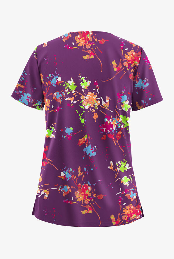 Butter-Soft STRETCH Floral Splash Eggplant Women's 2-Pocket V-Neck Print Scrub Top - null - 2