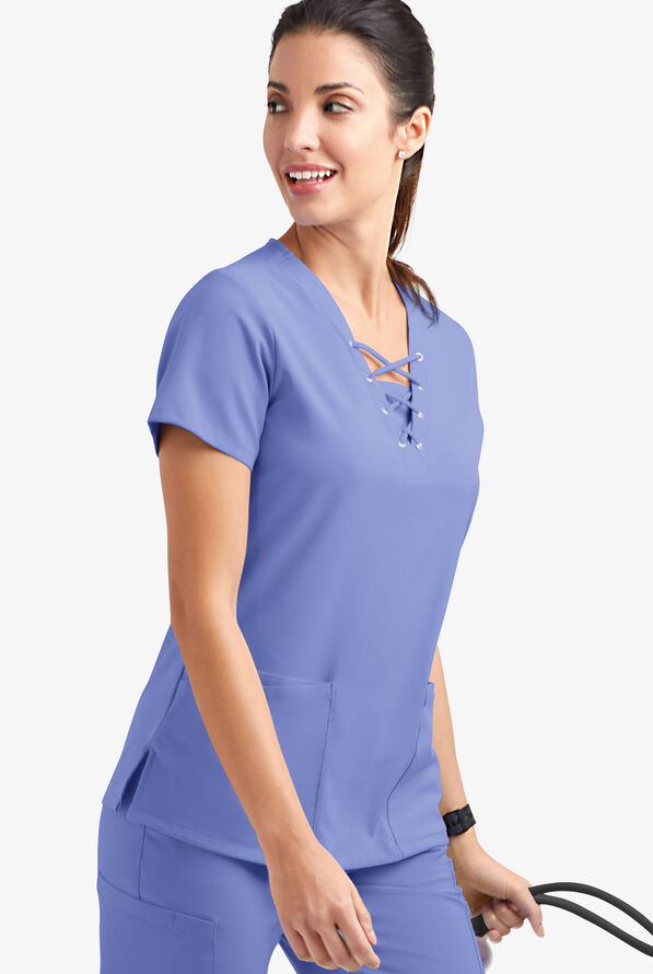 Easy STRETCH Gisele Women's 4-Pocket Lace Up V-Neck Scrub Top - Ceil Blue - 3