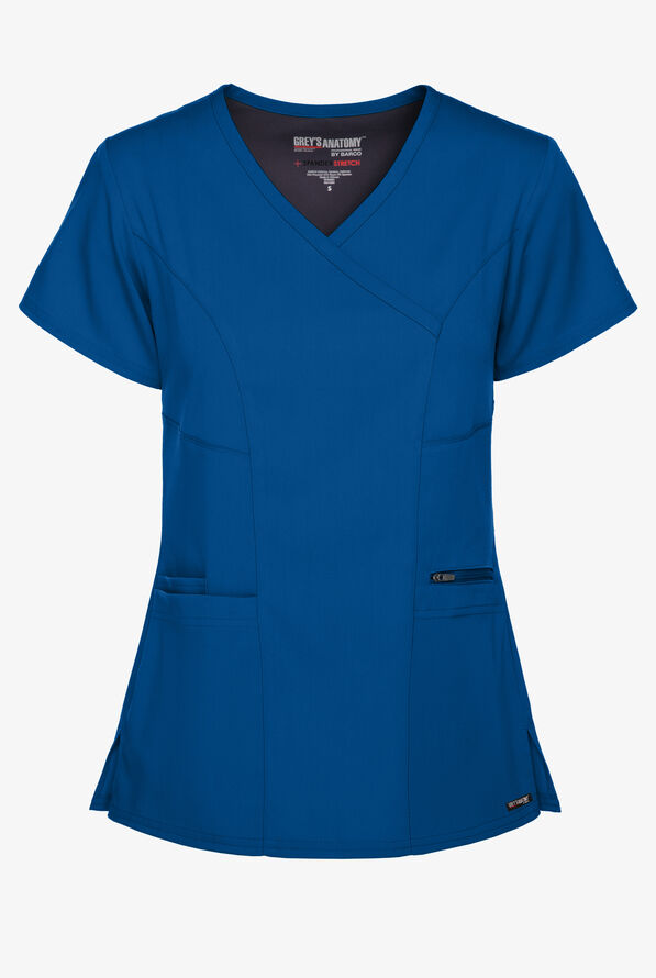 Grey's Anatomy by Barco Spandex STRETCH Kim Women's 3-Pocket Mock Wrap Scrub Top - Royal - 1