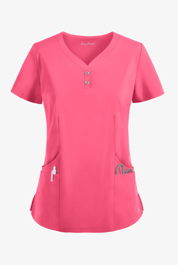Easy STRETCH Demi Women's 4-Pocket Henley Scrub Top - Strawberry Fizz - 1