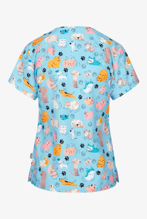 Zavate Ava Therese Furry Friends Women's 2-Pocket STRETCH V-Neck Print Scrub Top - null - 2