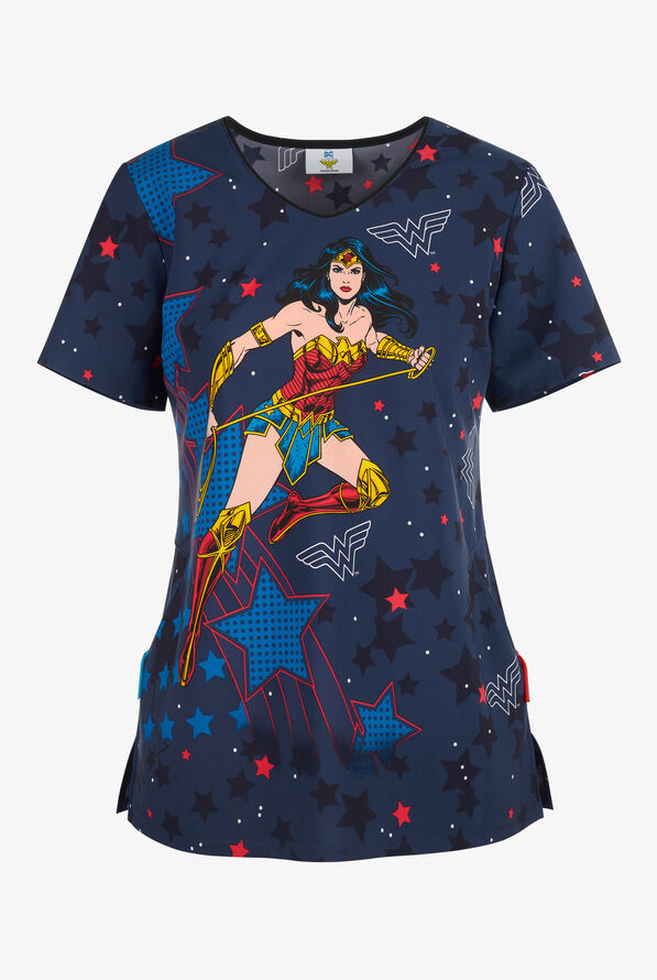 Tooniforms Wonder Woman Defender Of Truth Women's 2-Pocket STRETCH V-Neck Print Scrub Top - null - 1