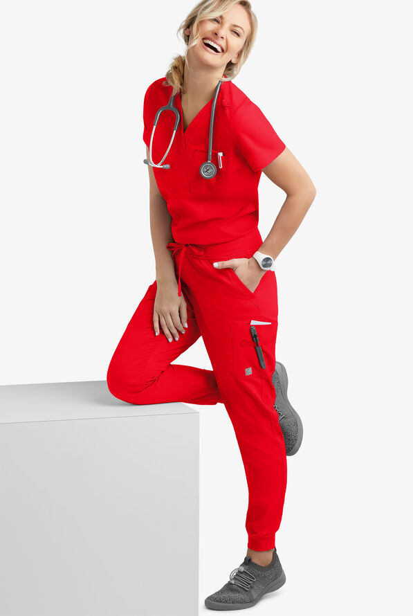 Blusa m&eacute;dica Butter-Soft STRETCH con cuello en V y 2 bolsillos para mujer - Fiery Red - 2