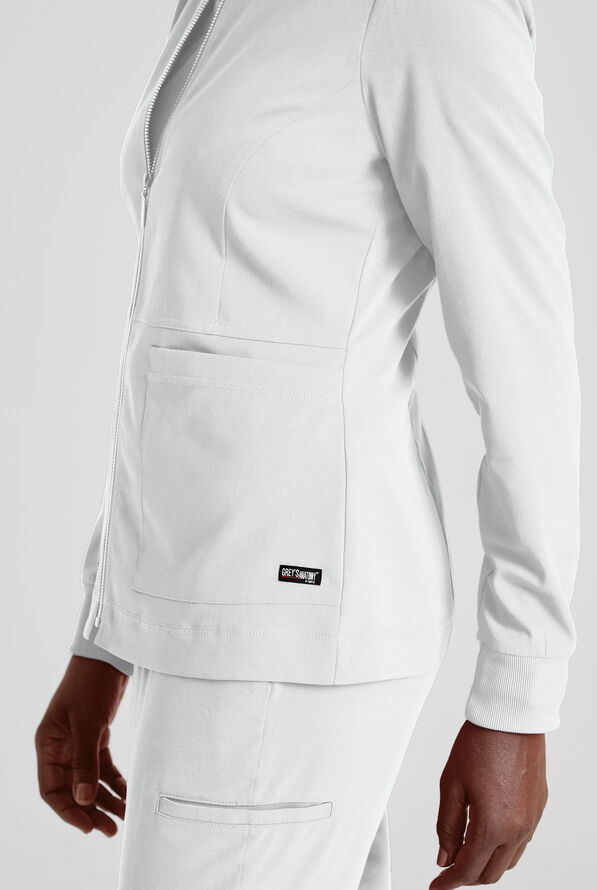 Grey's Anatomy by Barco Spandex STRETCH Millie Women's 3-Pocket Zip Front Warm Up Scrub Jacket - White - 3