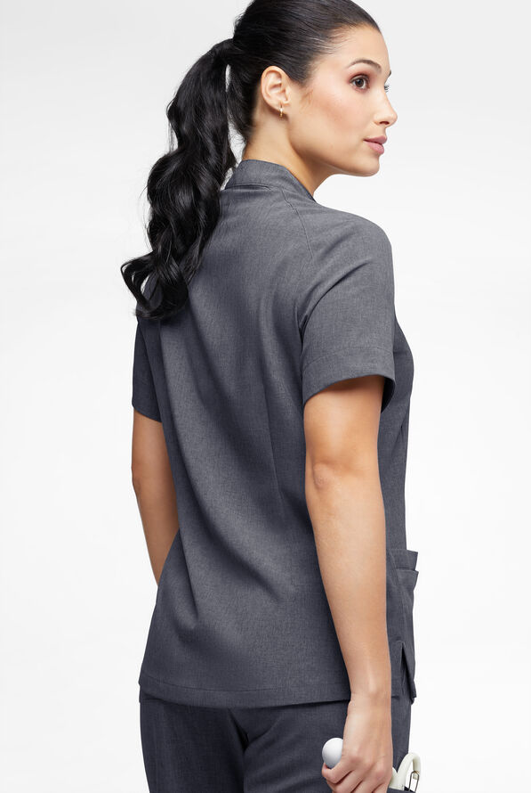 Easy STRETCH Jen Women's 4-Pocket Zip-Neck Short Sleeve Scrub Top - Charcoal Heather - 4