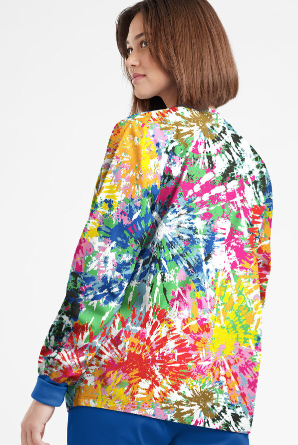 Butter-Soft Originals Rainbow Tie-Dye Women's 3-Pocket Warm-Up Printed Scrub Jacket - null - 3