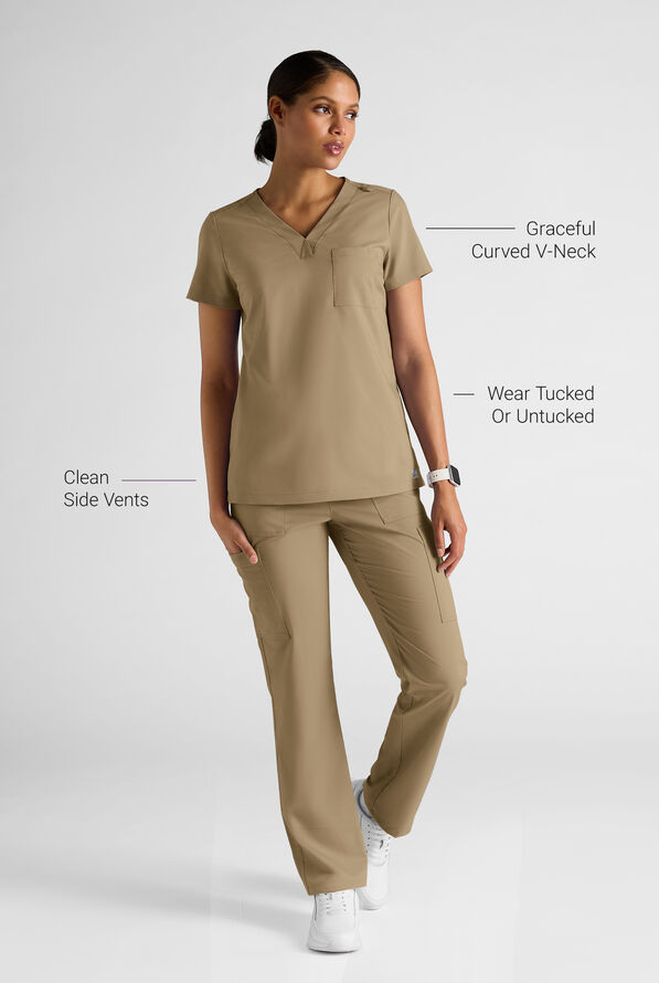 Butter-Soft STRETCH Women's 2-Pocket V-Neck Tuck-In Scrub Top - Golden Sand - 3
