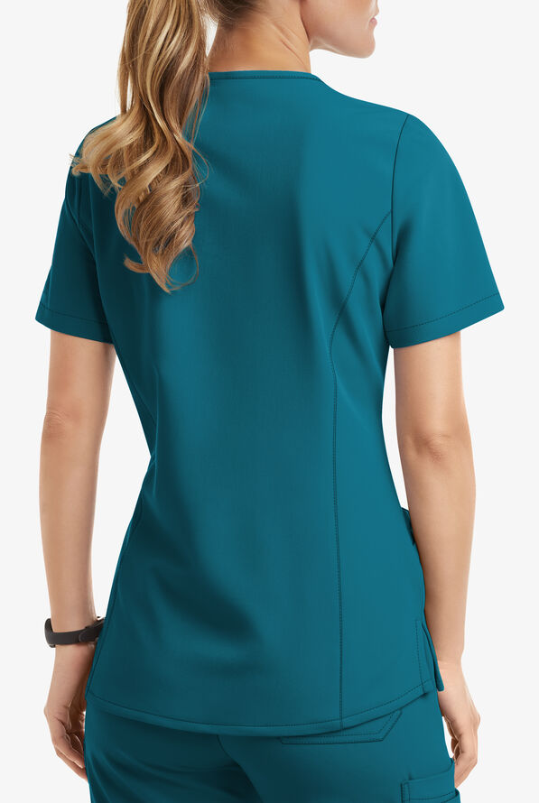 Blusa médica MOVEMENT by Butter-Soft Capella estilo cruzado con 5 bolsillos para mujer - Caribbean Blue - 3