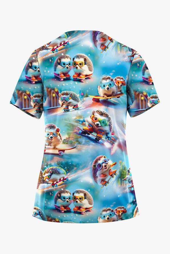 Butter-Soft STRETCH Prickly Skaters Turquoise Women's V-Neck Print Scrub Top - null - 2