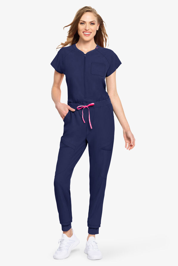 Med Couture Amp Women's 5-Pocket STRETCH  Zip Front Storm Cuff V-Neck Jumpsuit - Navy - 1