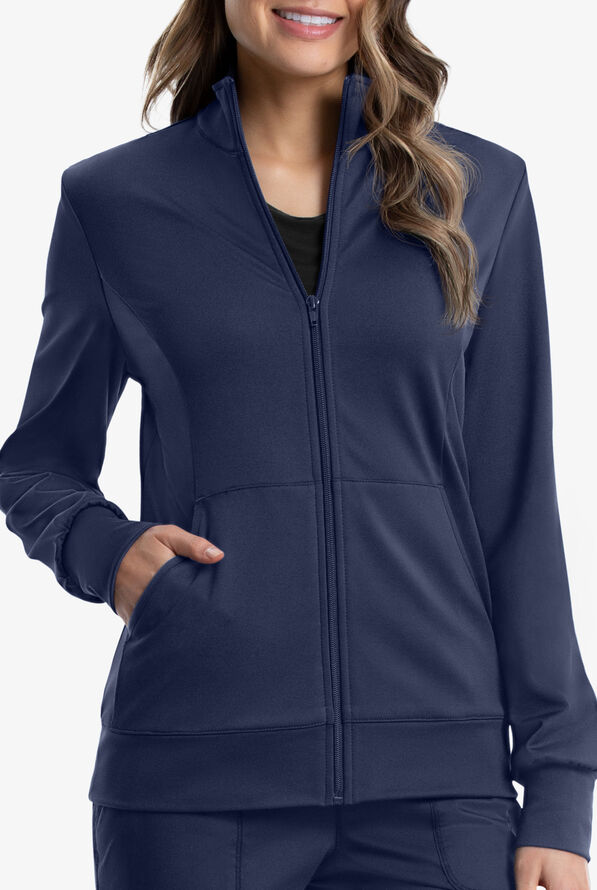 Cherokee Workwear Revolution Women's 3-Pocket STRETCH Fleece Inner Zip Front Scrub Jacket - Navy - 3