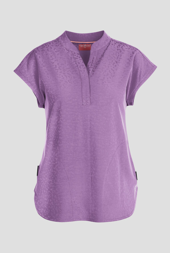 Zavate Ava Therese Cheetah Jacquard Piper Women's 2-Pocket STRETCH Dolman Sleeve Scrub Top - Purple Smoke - 1