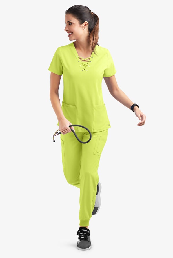 Easy STRETCH Gisele Women's 4-Pocket Lace Up V-Neck Scrub Top - Fresh Lime - 6