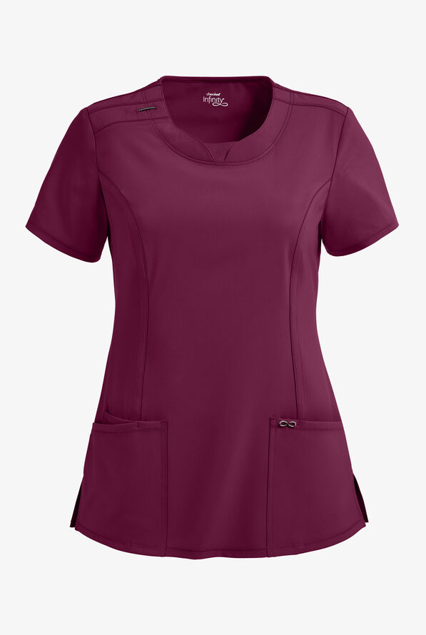 Infinity Women's 3-Pocket STRETCH Round Neck Scrub Top - Wine - 1