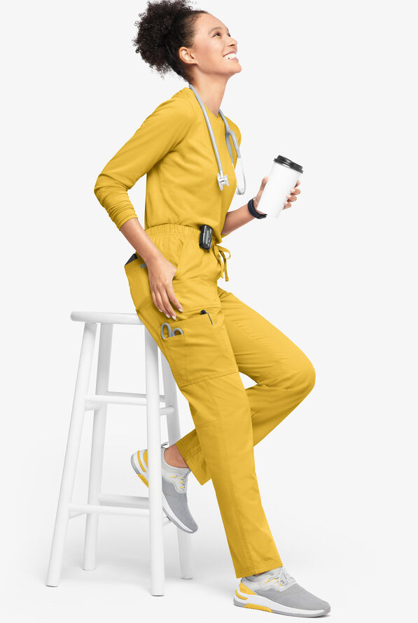 Butter-Soft Originals Women's 7-Pocket Mid Rise Straight Leg Cargo Scrub Pants - Petite - Warm Sun - 4