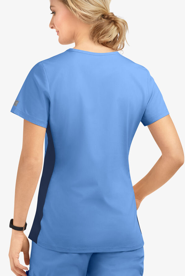 Butter-Soft STRETCH Women's 3-Pocket V-Neck with Side Knit Panels Scrub Top - Ceil/Navy - 3