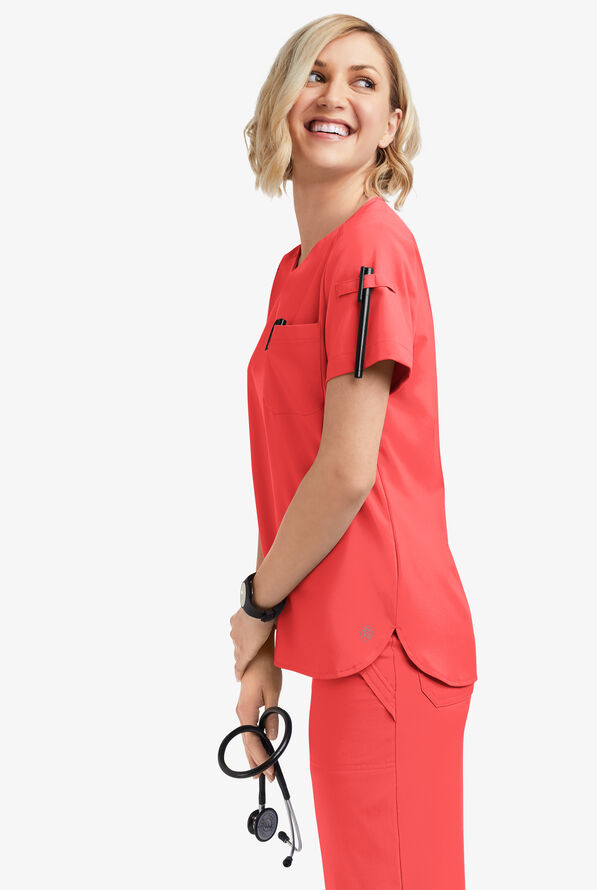 Easy STRETCH Nikki Women's 1-Pocket Scallop Neck Tuck-In Scrub Top - Radiant Red - 2