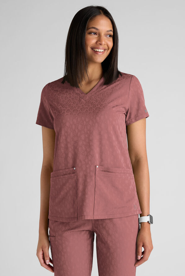 Easy STRETCH Lina Women's Jacquard 4-Pocket V-Neck Scrub Top - Soft Chestnut - 1