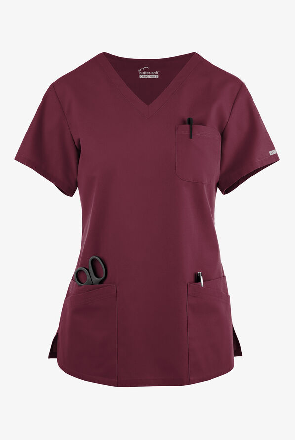 Blusa médica Butter-Soft Originals con cuello en V curvo y 7 bolsillos para mujer - Wine - 1