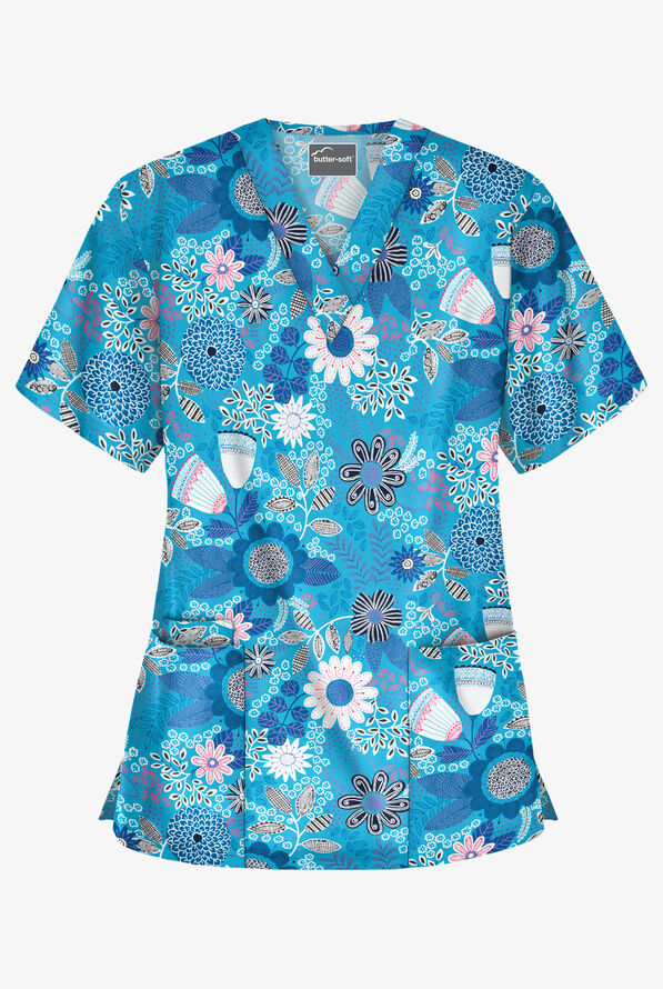 UA Butter-Soft Kiev Floral Turquoise Women's 3-Pocket V-Neck Print ...