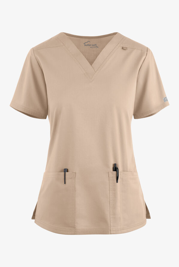 Butter-Soft STRETCH Women's 4-Pocket V-Neck Scrub Top - Iced Latte - 1
