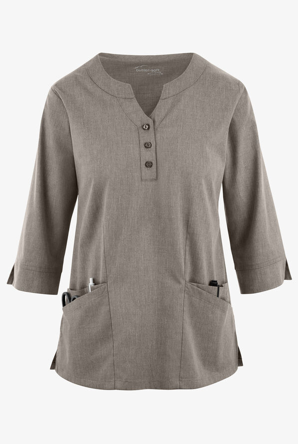 Butter-Soft STRETCH Women's 4-Pocket 3/4" Sleeve Round Neck Scrub Top - Heather Grey - 1