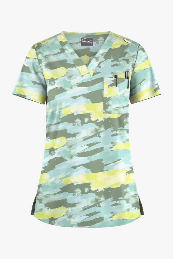Butter-Soft STRETCH Marbled Camo Salt Blue Women's 1-Pocket V-Neck Print Scrub Top - null - 1