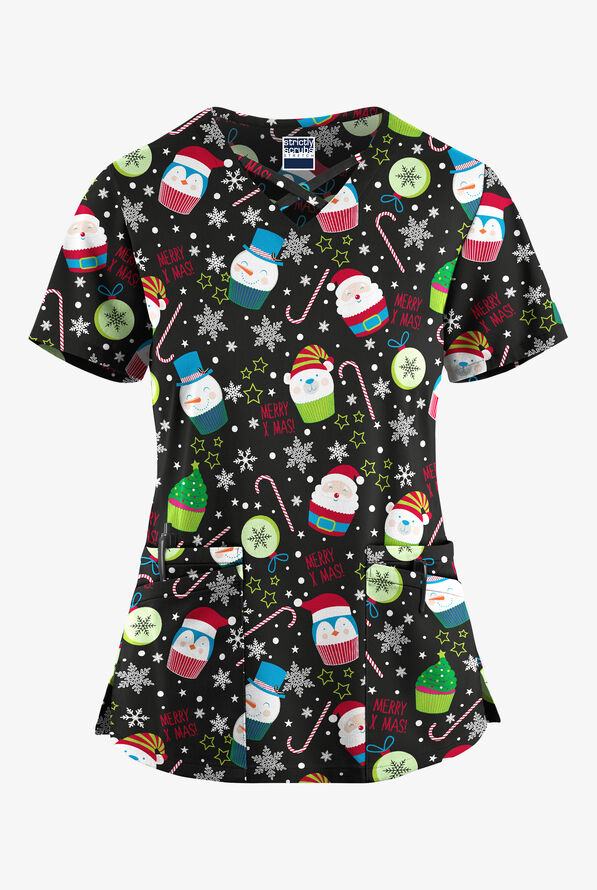 Strictly Scrubs STRETCH Christmas Treats Women's 4-Pocket Crisscross Print Scrub Top - null - 1