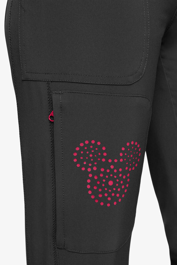 Cherokee Infinity Women's 6-Pocket STRETCH Mickey Laser Cut Tapered Leg Cargo Scrub Pants - Black/Carmine Pink - 2