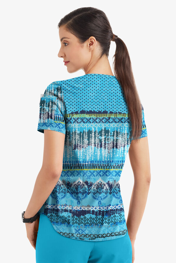 Easy STRETCH Woodblock Paisley Turquoise Womens 2-Pocket V-Neck Print Scrub Top - null - 3
