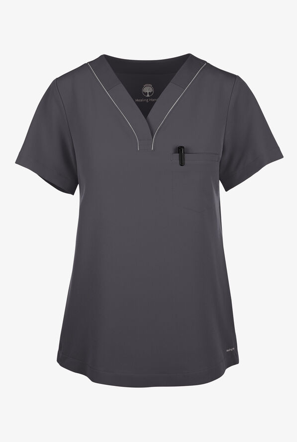 360 by Healing Hands Stella Women's 1-Pocket STRETCH Side Snap V-Neck Scrub Top - Pewter - 1