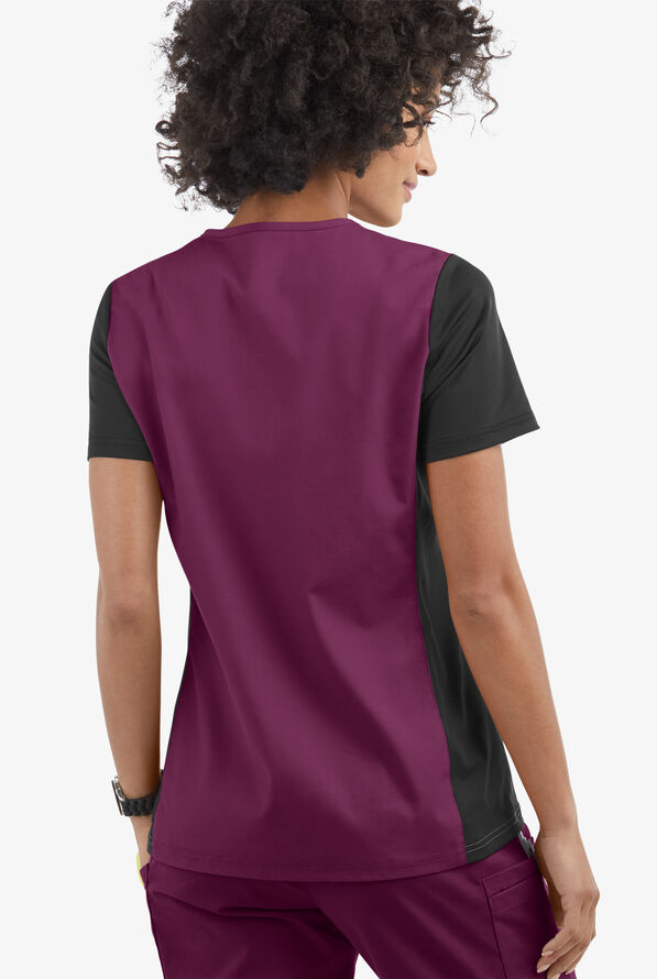 Butter-Soft Core Women's 3-Pocket Knit Panel V-Neck Scrub Top - Wine/Black - 3