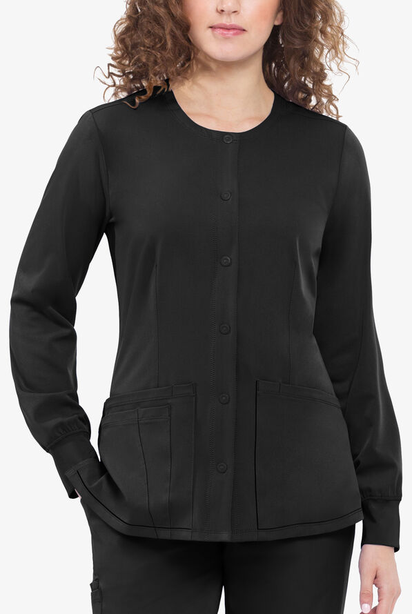 HH Works by Healing Hands Megan Women's 4-Pocket STRETCH Round Neck Warm-Up Scrub Jacket - Black - 3