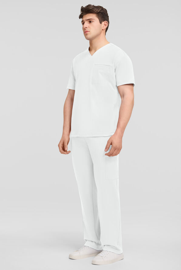 Cherokee Achieve Men's 3-Pocket STRETCH Relaxed V-Neck Knit Scrub Top - White - 4
