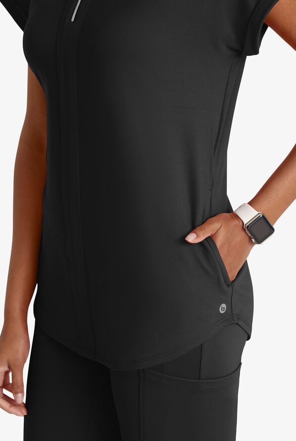 Barco One Performance Knit Engage Women's 2-Pocket STRETCH Dolman Sleeve Zip Neck Scrub Top - Black - 2
