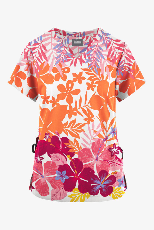 Butter-Soft Originals Subtle Flowers White Women's 2-Pocket V-Neck Print Scrub Top - null - 1