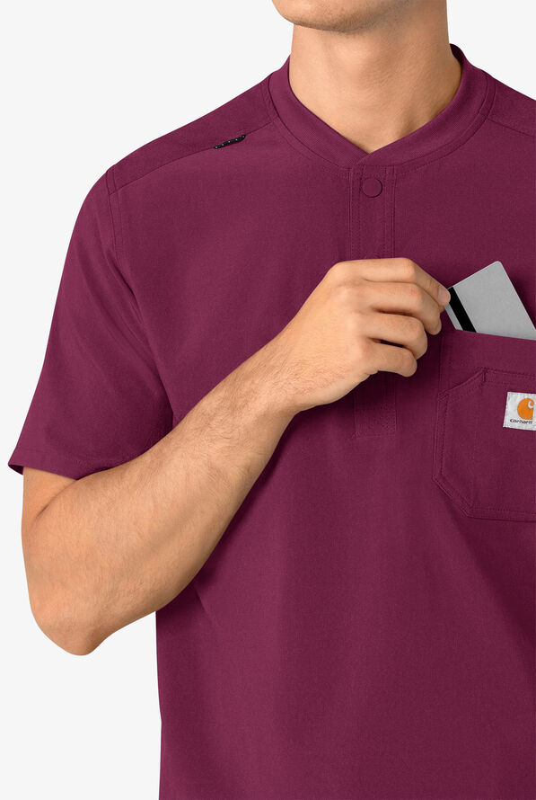 Carhartt Cross-Flex Men's 3-Pocket STRETCH Zip Pocket Henley Banded Collar Scrub Top - Wine - 3