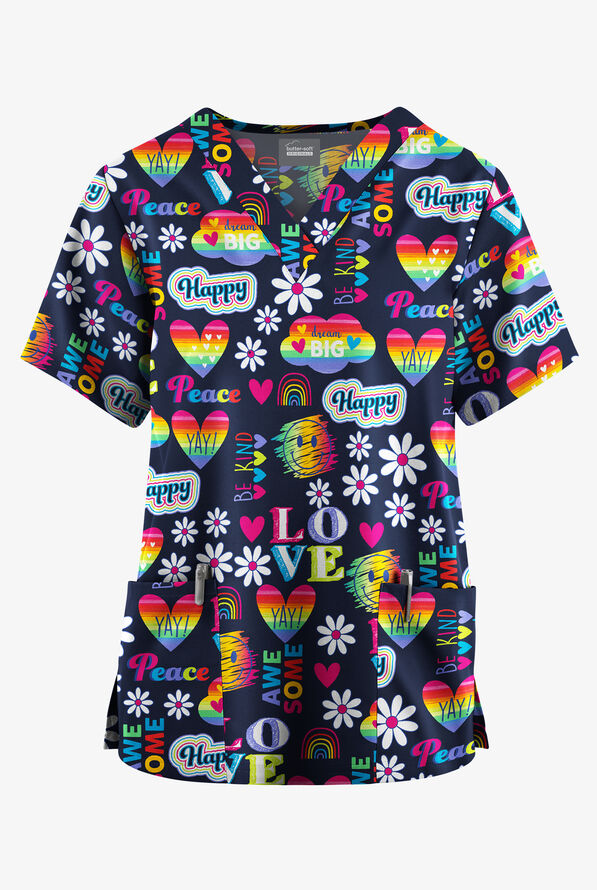 Butter-Soft Originals Good Vibes Only Navy Women's 2-Pocket V-Neck Print Scrub Top - null - 1