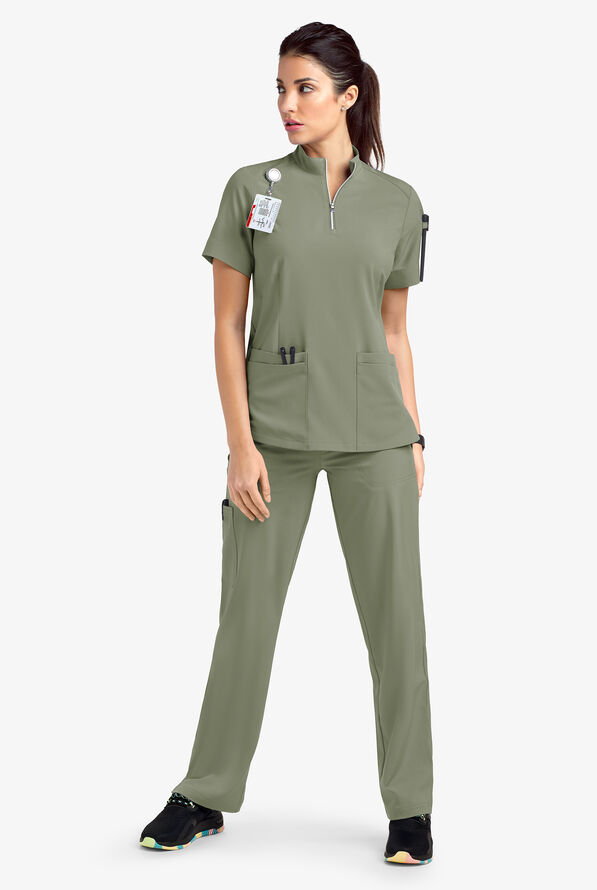 Easy STRETCH Jen Women's 4-Pocket Zip-Neck Short Sleeve Scrub Top - Olive Leaf - 2