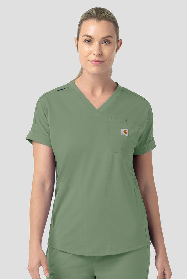 Carhartt Force&reg; Cross-Flex Knits Women's 5-Pocket STRETCH V-Neck Scrub Top - Green Slate - 2
