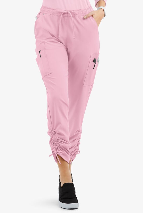 Easy STRETCH Halle Women's 11-Pocket Ruched Leg Jogger Scrub Pants - Pink Peony - 1