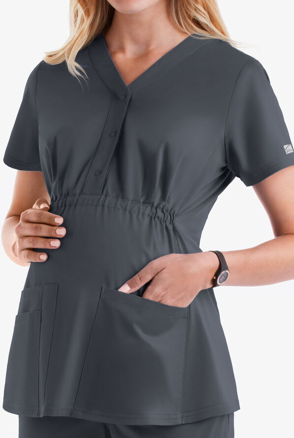 Butter-Soft STRETCH Women's 3-Pocket Knit Panel Maternity Scrub Top - Pewter - 4