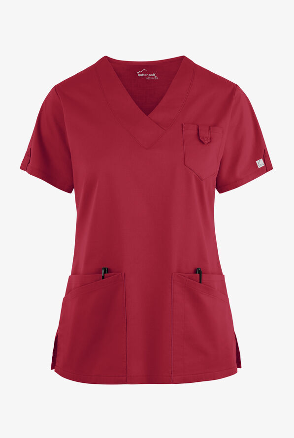 Butter-Soft STRETCH Women's 6-Pocket V-Neck Scrub Top - Ruby - 1